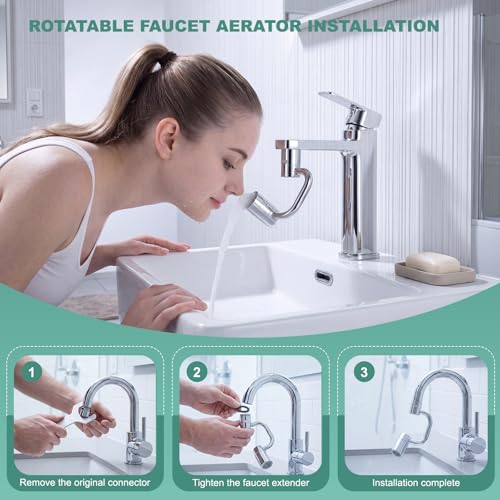 2 PCS 1440° Rotatable Faucet Aerator Extension Silver | 2 Modes Adjustable Water Flow, 1080° Swivel Design, Splash Proof Attachment for Kitchen & Bathroom Sink