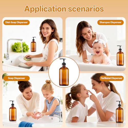 Vitreaux 16oz Amber Glass Soap Dispenser, 2 Pack Refillable Hand Soap Dispenser with Leak-Proof Pump, Brown Glass Bottle for Dish Soap, Lotion, Shampoo, Conditioner, Body Wash