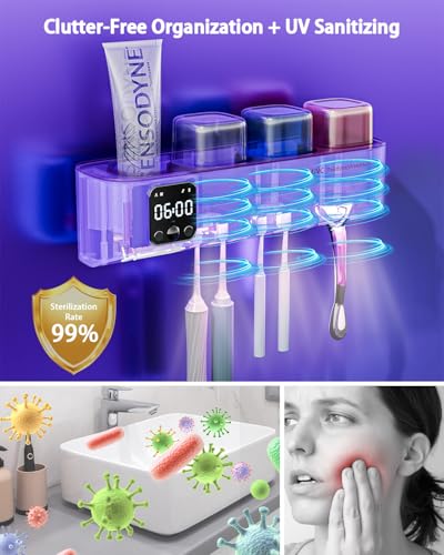 Toothbrush Holders Wall Mounted for Bathrooms, Toothbrush Holder - Smart Home & Bathroom Decor Tooth Brush Holders with 3 Cups, Features a Clock and auto Motion-Activated Night Light - size: Family with Cup