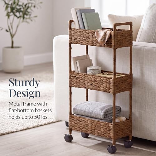 Best Choice Products 3-Tier Slim Water Hyacinth Rolling Nursery Caddy w/Wheels, Handwoven Utility Cart, Narrow Storage Organization for Bathroom, Craft Room, Laundry Room - Chestnut - color: Chestnut