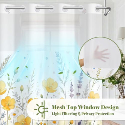 Watercolor Floral Shower Curtain with Snap in Liner, 71x74 Inch | No Hooks Needed, Mesh Top & Double Layer Waterproof Bath Curtain, Wildflower Botanical Design for Country Farmhouse Bathroom - color: Nature Flowers