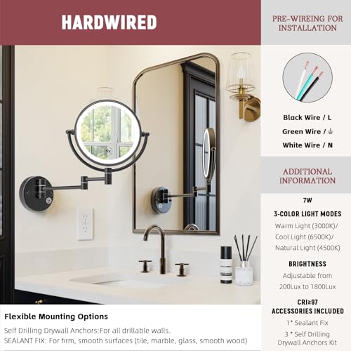 1X/5X Magnifying Make up Mirror Wall Mounted, Lighted, Brass Arm, Hardwired | 8-Inch, Bathroom Double-Sided Vanity, 360 Swivel Extendable, 3 Color Lighting, Memory Function, Touch Dimmable, Matt Black