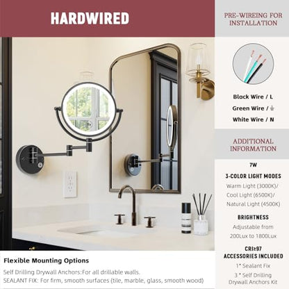 1X/5X Magnifying Make up Mirror Wall Mounted, Lighted, Brass Arm, Hardwired | 8-Inch, Bathroom Double-Sided Vanity, 360 Swivel Extendable, 3 Color Lighting, Memory Function, Touch Dimmable, Matt Black