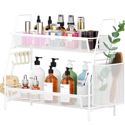 VITVITI 2-Tier Bathroom Organizer Countertop, Metal Wire Mesh Bathroom Counter Organizer Storage with Basket Hooks, Vanity Tray Shelf, Kitchen Spice Rack, White - color: 2 Tier Large White