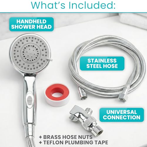 Vive High Pressure Handheld Shower Head - Hand Held Showerhead with 6.5 ft | Extra Long Hose, Detachable Showerhead, Multi-Setting Spray Combo for Bathroom, Pet Bathing, Stainless Steel Hose, Chrome