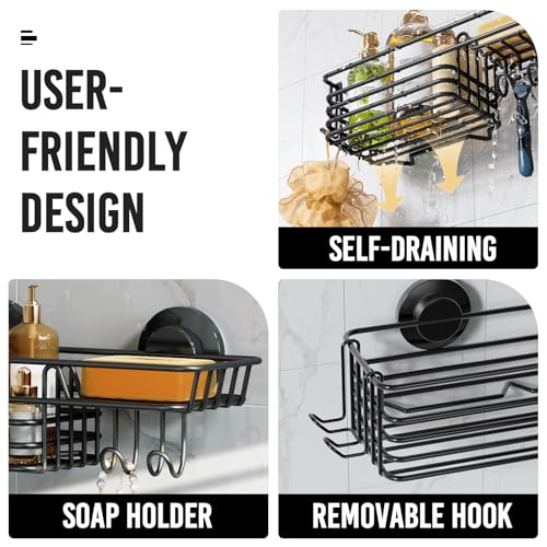Suction Cup Shower Caddy, Bathroom Shelf With Hook & Soap Holder | Black Shower Caddies, Soap Holder, No Drill Bathroom Caddy, Heavy Duty Shower Organizer, Removable Bathroom Shelf - color: 1 X Black