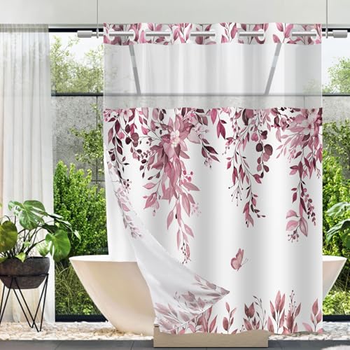 No Hook Shower Curtain and Liner Set, Dark Red Eucalyptus 71x84 | Floral Design, with Snap in Liner, See-Through Top Window, Waterproof, Machine Washable, Quick-Drying, for Hotel Bathroom - color: Dark Red, size: 71"W x 84"L (Pack of 1)