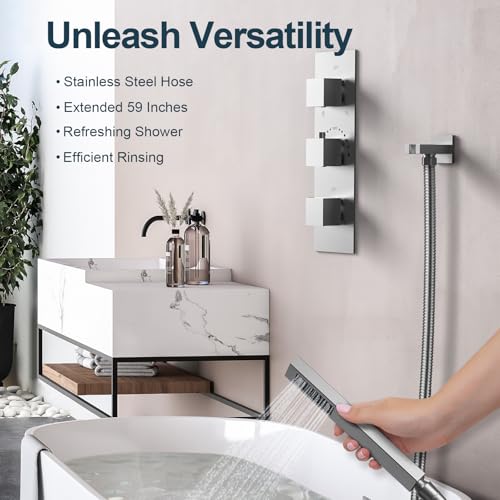 3-Function Thermostatic Shower System with Dual Rainfall Heads, Handheld Sprayer Brushed Nickel - color: Brushed Nickel