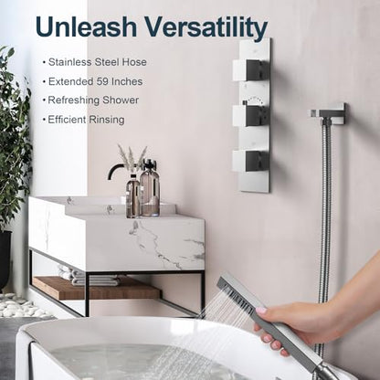 3-Function Thermostatic Shower System with Dual Rainfall Heads, Handheld Sprayer Brushed Nickel - color: Brushed Nickel