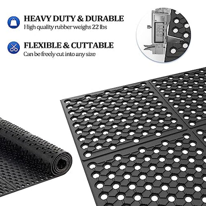 ROVSUN Rubber Floor Mat with Holes, 3x7 FT Hollow Large Mat Roll, Anti-Fatigue/Non-Slip Drainage Mat, for Industrial Kitchen Restaurant Bar Bathroom, Indoor/Outdoor Cushion - size: 36x83 in.(3x7 ft)