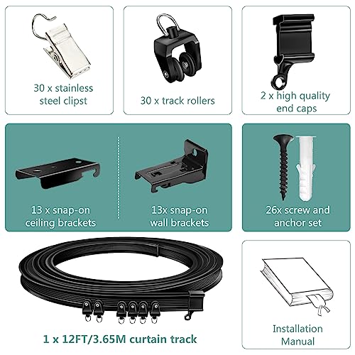 Ceiling Curtain Track, Black Flexible Bendable Curtain Track 12 Ft Curved Curtain Rail Ceiling Wall Mount Sliding Curtain Ceiling Track System Set for Bay Window, Room Divider - color: Black, size: 12Ft