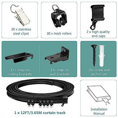 Ceiling Curtain Track, Black Flexible Bendable Curtain Track 12 Ft Curved Curtain Rail Ceiling Wall Mount Sliding Curtain Ceiling Track System Set for Bay Window, Room Divider - color: Black, size: 12Ft