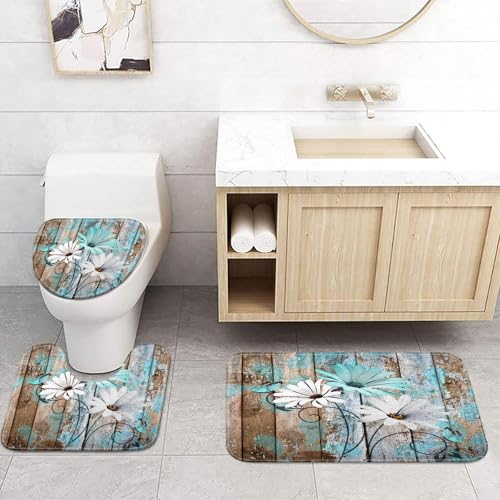 JAWO Farmhouse Floral Flower Bath Mat, Teal Daisy on Rustic Wooden Plank Country Barn Wood Turquoise Blue Bath Mat Sets, U-Shaped for Bathroom Rugs, Toilet Mats, Non-Slip Shower Mat - color: Teal-01, size: 1'3" x 1'6" (U-Shaped)