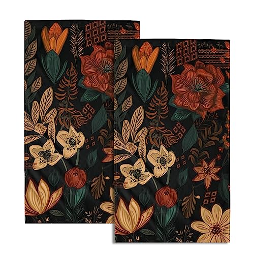 Giwawa Boho Floral Hand Towels Set of 2 Black Mid Century Fingertip Towel Absorbent Face Towel Soft Dish Towels for Gym Bath Kitchen Home Decor - color: Black Boho Flower