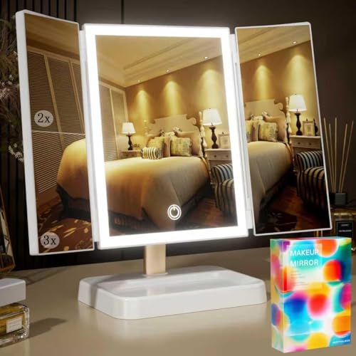 BERTHALESS for Mom Makeup Mirror Vanity Mirror with Lights, 14.4" L x 9.1" W Rechargeable Lighted Mirror with 1X 2X 3X Magnification, 76 LEDs & 3 Color Modes, Gifts for Women, Dorm Room Essentials - color: White