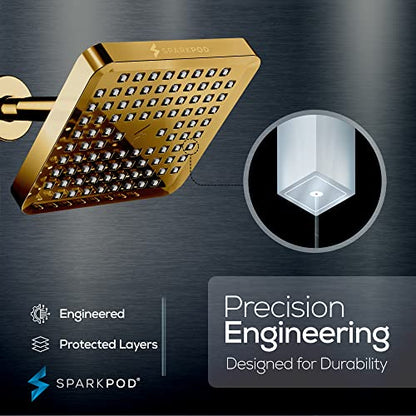 SparkPod Rain Shower Head, 6 Inch Square, Egyptian Gold Finish | High Pressure Shower Heads, 90 Nozzles, Adjustable Showerhead, No Tools Needed, Universal Connection - color: Egyptian Gold, style: 6 Inch Square
