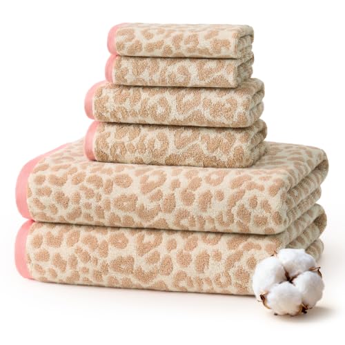 REDKISS Leopard Print Towel Set of 6,100% Cotton Bathroom Towels,Quick Dry & Absorbent,2 Bath Towel, 2 Hand Towel, 2 Washcloth-Light Brown - color: Light Brown
