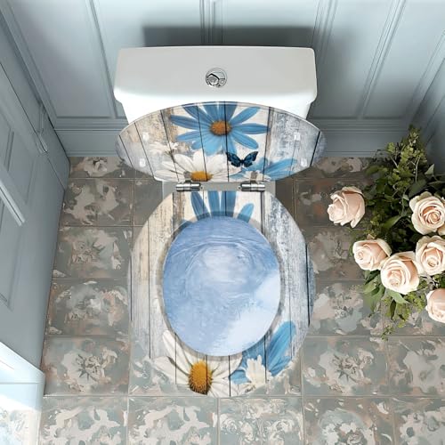 Round Resin Toilet Seat, Quietly Close Quick Release Hinges Cover | Toilet Lid Cover Easy to Clean and Install, Flower Shower Daisy Wild Rustic Floral Blue Butterfly Heavy Duty Toilet Seat - color: pattern10, size: O-shape