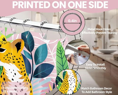 Tropical Leopard Extra Long Shower Curtain, Tall 72x84 in | Tall 84 inch XL, Floor to Ceiling, Pink and Green Natural Leaves Pattern, Waterproof Polyester Fabric, with Metal Hooks - color: Cheetah, size: 70"W x 84"L (Pack of 1)