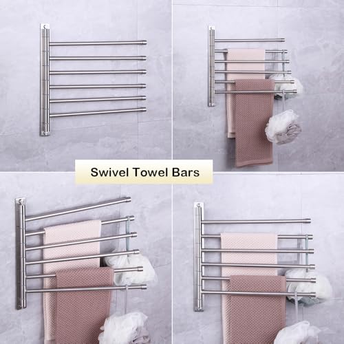 Swivel Towel Bar 6-Arm Bathroom Towel Holder Wall-Mounted Swing Out Towel Rack with Hooks Rustproof Brushed Finish - color: Brushed