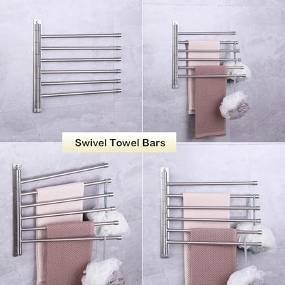 Swivel Towel Bar 6-Arm Bathroom Towel Holder Wall-Mounted Swing Out Towel Rack with Hooks Rustproof Brushed Finish - color: Brushed
