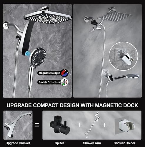 12" High Pressue Rain Shower Head with Handheld, 9 Sprays Hand Showerhead | Shower Heads with Handheld Spray Combo, Dual Head, Built-in Magnetic Docking, Power Jets, 59" Shower Hose, Chrome 1.75GPM - color: Chrome