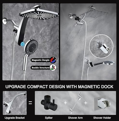 12" High Pressue Rain Shower Head with Handheld, 9 Sprays Hand Showerhead | Shower Heads with Handheld Spray Combo, Dual Head, Built-in Magnetic Docking, Power Jets, 59" Shower Hose, Chrome 1.8GPM - color: Chrome