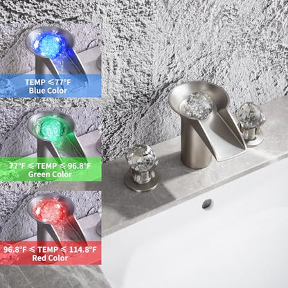 SKOWLL Bathroom Sink Faucet Waterfall, Modern Free Floating Crystal Ball with LED Light, 2 Handle Deck Mount 8 inch Widespread Bathroom Faucet 3 Hole, Brushed Nickel - color: Brushed Nickel