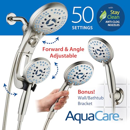 AquaCare 50-mode High Pressure Shower Head Combo with Arm & Dual Power Wash | Hygienic Jets, 2-mode Handheld Power Wash for Tub, Tile & Pets, Long 6 ft. Stainless Steel Hose, Extra Wall Bracket / Nickel - color: Satin Nickel, style: 1.8 Gallons Per Minute