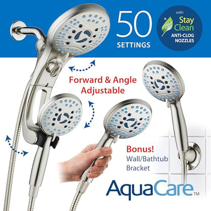 AquaCare 50-mode High Pressure Shower Head Combo with Arm & Dual Power Wash | Hygienic Jets, 2-mode Handheld Power Wash for Tub, Tile & Pets, Long 6 ft. Stainless Steel Hose, Extra Wall Bracket / Nickel - color: Satin Nickel, style: 1.8 Gallons Per Minute