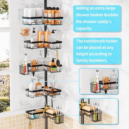DAOYA Adjustable Tension Pole Shower Caddy, 5-Tier Stainless Steel Shower Shelf Organizer with 2 Movable Toothbrush Holders, 25-115 Inches Extendable Bath Tub Conner Storage Shelf for Family, Black - color: Black-5
