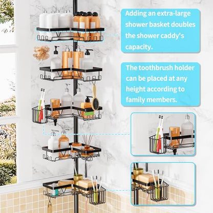 DAOYA Adjustable Tension Pole Shower Caddy, 5-Tier Stainless Steel Shower Shelf Organizer with 2 Movable Toothbrush Holders, 25-115 Inches Extendable Bath Tub Conner Storage Shelf for Family, Black - color: Black-5
