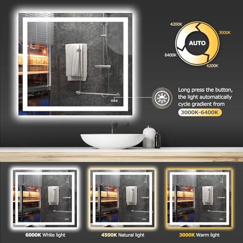 Hivone 40"X36" LED Bathroom Mirror with Lights, Anti-Fog, Dimmable, Backlit + Front Lit, Smart Bathroom Vanity Mirror, Memory Function, Shatterproof, Tempered Glass (Horizontal/Vertical) - size: 40"L x 36"W