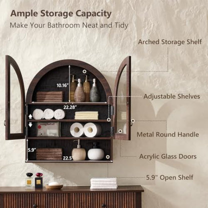 IFGET Bathroom Arched Wall Cabinet, 23.6'' Wide Medicine Cabinet with Adjustable Shelves & Glass Doors, Over The Toilet Storage Wall Mount Cabinet for Laundry Room, Kitchen & Living Room, Dark Walnut - color: Dark Walnut