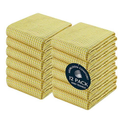 12 Pack Dual Waffle Weave Kitchen Towels, 16x26 Inch, 100% Cotton, Super Absorbent, Quick Dry, Reversible Dishcloth Set, Soft and Durable, Lemon Yellow - color: Lemon Yellow, size: 16 x 26 - Pack of 12
