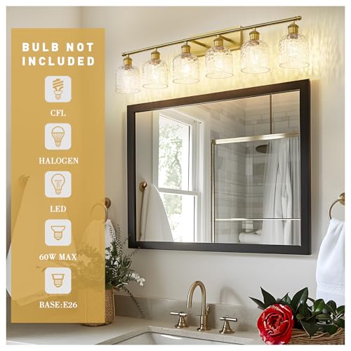 zeyu 42.2'' Modern Bathroom Gold Light Fixture, 6 Light Bathroom Lighting Fixtures Over Mirror Bedroom, Brushed Gold Finish with Clear Hammered Glass, ZJF63B-6W BG - color: Brushed Gold|Hammered Glass, size: 6-Light