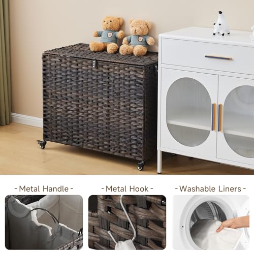 Laundry Hamper with Wheels, 52.8 Gallon(200L) Rolling Laundry Basket with Lid, Removable Large 3 Color Liners & 3 Mesh Laundry Bags, Clothes Hamper with Side Pocket, Brown - color: Brown, size: 31.5"L x 15.75"W x 25.6"H
