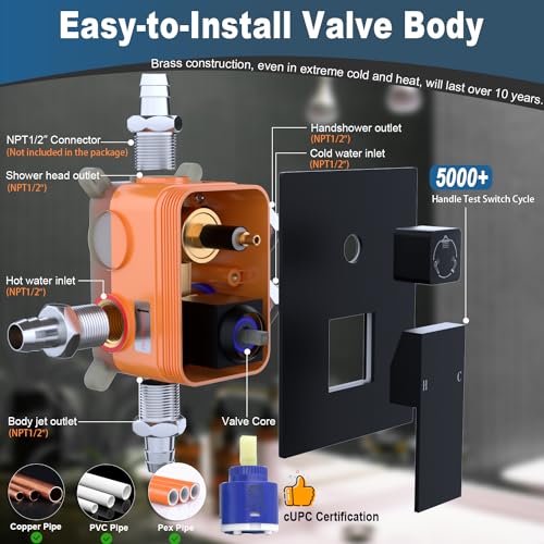 Enga Full Body Shower System with Body Jets, 12 Inch Powerful Rainfall Shower and Handheld Spray, Rough-in Mixer Valve Concealed Shower Faucet Set Complete, Matte Black - color: Matte Black, style: Ceiling Mount - 6 Jets
