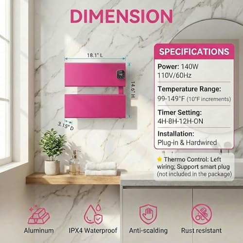 2 Panel Pink Heated Towel Rack for Bathroom Towel Warming | Fast-heat in 2-3 minutes. Dry towels in 4 hours. Smart thermo control and precise timer, Work with Smart Plug. - size: 2 Panel