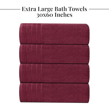 4 Piece Extra Large Bath Towels 30 x 60 Inches, Burgundy | 100% Cotton, Larger & Lighter Weight, Quicker to Dry, Super Soft and Absorbent, Perfect for Bathroom - color: Burgundy
