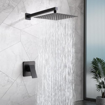 Matte Black Shower Faucet Set, Bathroom Rainfall Shower System with Stainless Steel Metal Showerhead, Single Function Shower Trim Kit with Rough-in Valve - color: Black, size: 10 Inch (Wall Mount)