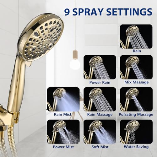 High Pressure 10 Setting Handheld Shower Head, 5" Detachable Showerhead Spray Built-in Power Wash to Clean Tub, Tile & Pets, 79" Extra Long Stainless Steel Hose, Adjustable Bracket - Gold - color: Zirconium Gold