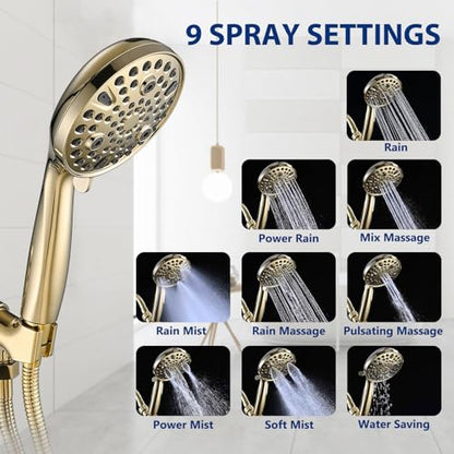 High Pressure 10 Setting Handheld Shower Head, 5" Detachable Showerhead Spray Built-in Power Wash to Clean Tub, Tile & Pets, 79" Extra Long Stainless Steel Hose, Adjustable Bracket - Gold - color: Zirconium Gold