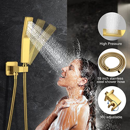 JOMEOO® 12 Inch Brushed Gold Shower System, Wall Mounted High Pressure Rain Shower Head with Handheld Sprayer, Bathroom Luxury Gold Shower Head Shower Faucet Set Rough in Valve Body and Trim - color: Brushed Gold