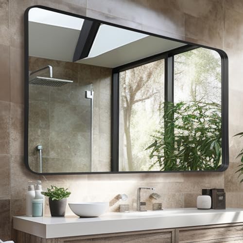 Anpark Wall Mirror 30" x 48" for Bathroom Black Metal Deep Frame Mirror for Wall Decorative Rectangular Round Corner Wall Mounted Vanity Mirror for Bedroom Living Room Entryway Wall Decor - color: Black, size: 48"L x 30"W