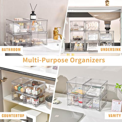 6 Pack Stackable Storage Drawers,Makeup Organizer with Pull-out Drawer | 4.4'' Tall, Acrylic Clear Plastic Storage Bins for Vanity,Pantry,Desk,Undersink,Kitchen,Bathroom - style: 6pack Small