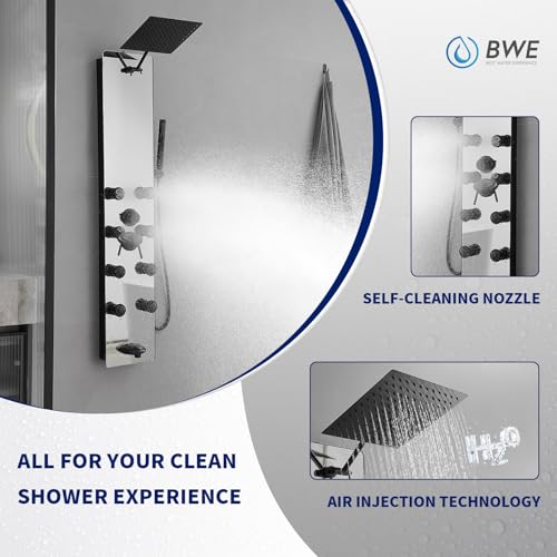 BWE Stainless Steel Shower Panel Tower System Black Split Type | Multi-Function Tempered Glass Shower Panel Rainfall Shower Head Sprayer 8-Massage Jets with Tub Spout Hand Shower