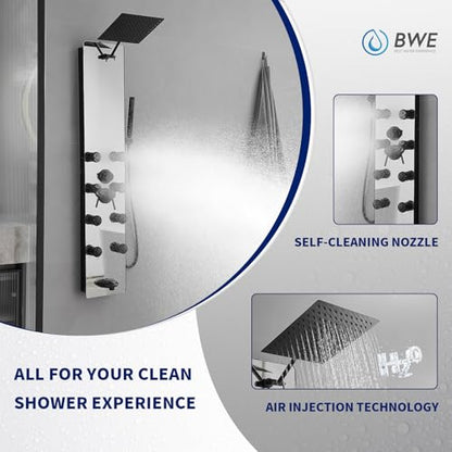 BWE Stainless Steel Shower Panel Tower System Black Split Type | Multi-Function Tempered Glass Shower Panel Rainfall Shower Head Sprayer 8-Massage Jets with Tub Spout Hand Shower