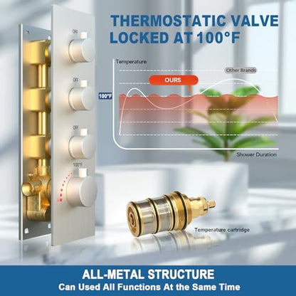 Enga Thermostatic Dual Shower System, 12"+6" Wall Mount Dual Rain Shower Faucet, All Functions Use Together & Volume Adjustable, Brushed Nickel - color: Brushed Nickel, style: ‎12"+6" Head