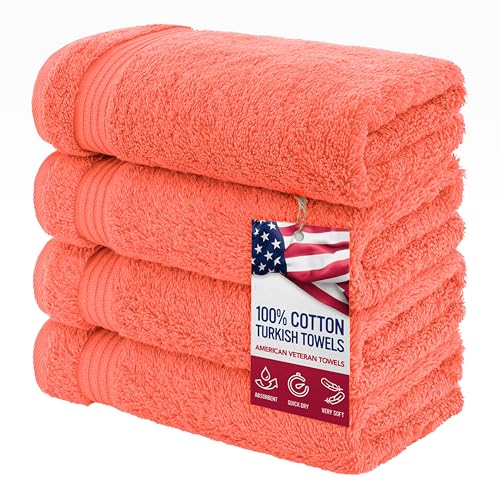 American Veteran Towel, Hand Towels for Bathroom Set of 4, 100% Cotton Turkish Hand Towel Sets, Soft Hand Face Towels, Coral Hand Towels - color: Coral